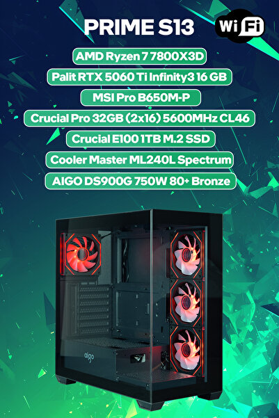 Game Garaj Prime S13 AMD Ryzen 7 7800X3D 32GB RAM 1TB SSD RTX5060Ti 240mm Sıv...
