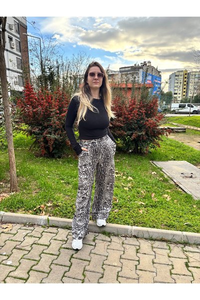 ELA Saten Leopar Desen Bol Paça Pantolon