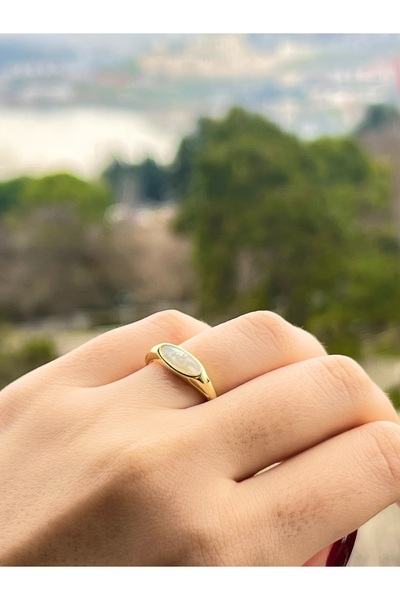 Glowy&Co. Luna Oval İnci 14K Altın Rengi Kararmaz Çelik Yüzük