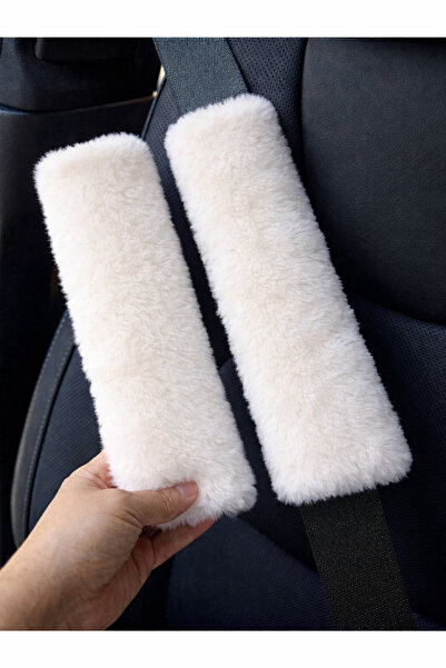 2-Piece Seat Belt Cover Pad White Plush Extra Soft (1ST QUALITY)