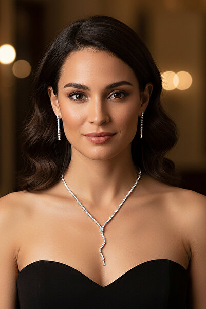 Valmont Taşlı Su Yolu Kolye ve Küpe Takı Seti - Düğün, Kına, Nişan, Gelin Aks...