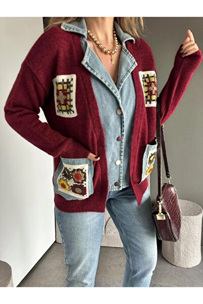 Lavanta Tekstil Cardigan with Embroidered Pockets and Denim Detail