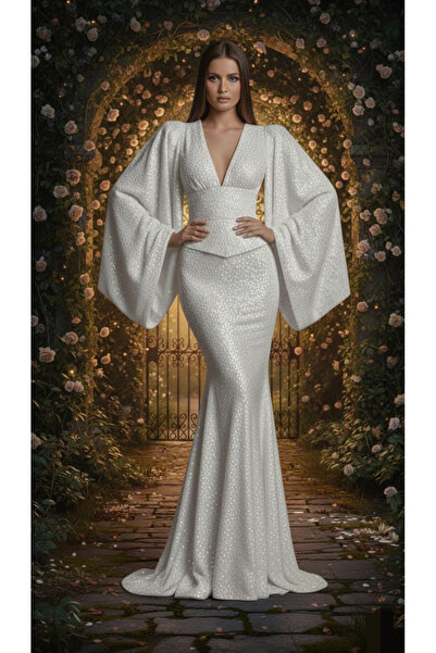 makbuleofficial Payetli Beyaz Nişan Nikah Elbisesi