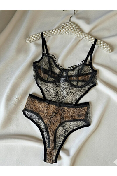 ARONA Siyah Dantelli Brode Balenli Kapsız Transparan Bodysuit