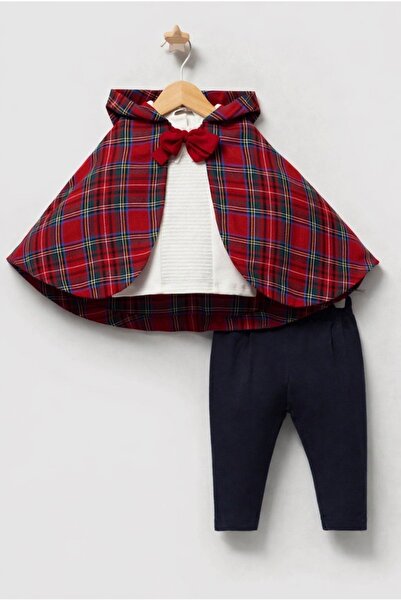 Tongs Baby Kız Bebek Pelerinli 3lü Natural Ekose Takım