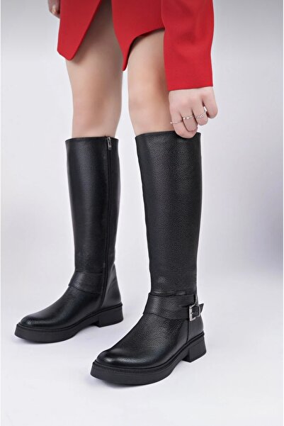 Yılmaz Exclusive Yılmaz Kadın Siyah Hakiki Deri Çizme Fermuarlı Tırtıklı Taba...