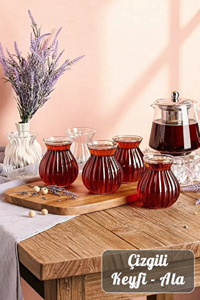 Berdina Home 6’lı Çizgili Keyfi Ala Borosilikat Cam Çay Bardağı Seti Isıya Da...