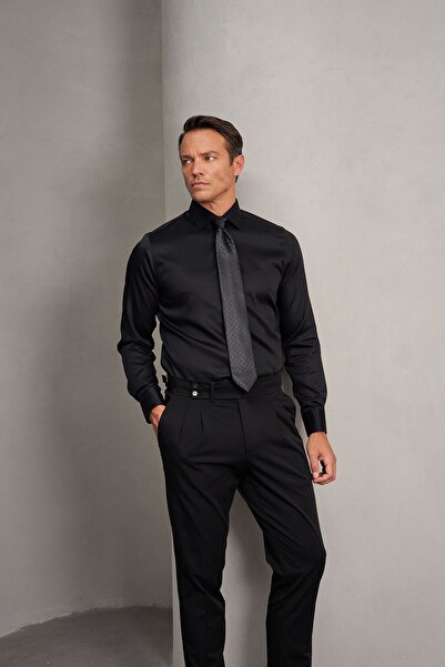 Paşahan Iron-Free 100% Cotton Non Iron Classic Collar Black Satin Men's Shirt