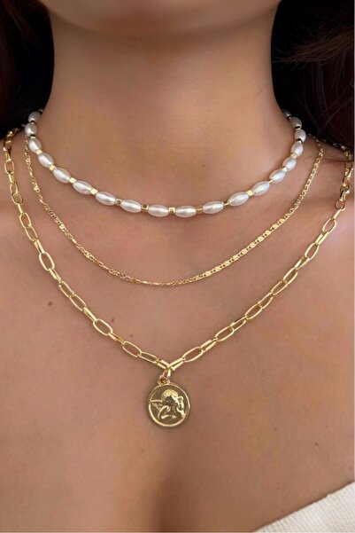 stravis Gold Renk Çoklu Charmlı 3’lü Kolye Seti