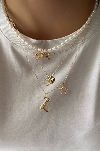 stravis Gold Renk Çoklu Charmlı 3’lü Kolye Seti