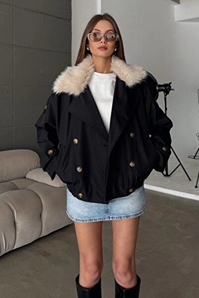 ALFUDO Moda Collection Kürk Yaka Bel Lastikli Trench