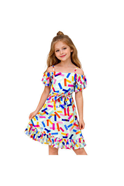 Çikoby Girl's Dress Patterned Strap Woven Dress