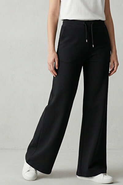 Elemge Pamuklu Kadın Eşofman Altı Yüksek Bel Siyah Dar Kalıp Flare Fit Geniş ...