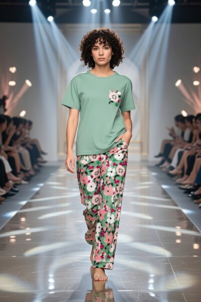 Aydoğan Дамски пижамен комплект от вискоза с къс ръкав и зелен цвят