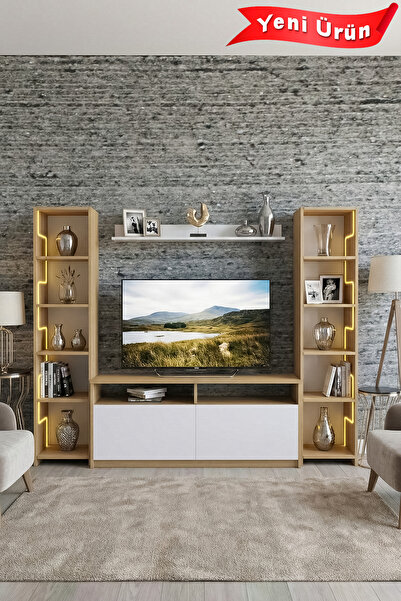Platinreyon LABİRENT LEDLİ DUVAR TV ÜNİTESİ BEYAZ KAPAK MEŞE
