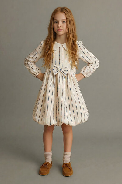 ESİLA KİDS Kız Çocuk Elbise Brode Yakalı Çizgili Balon Etek Elbise Uzun Kollu...