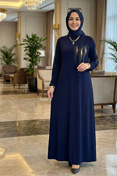modamira Kadın Pamuk Viskon Lacivert Boydan Abiye Büyük Beden Kol Ve Önü Taş ...