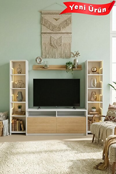 Platinreyon LABİRENT LEDLİ DUVAR TV ÜNİTESİ BEYAZ GÖVDE MEŞE