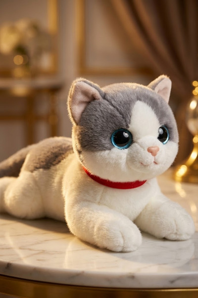 viyolmarketim Sesli Miyavlayan Peluş Kedi 35 cm – Gri Yumuşak Oyuncak, Uyku v...