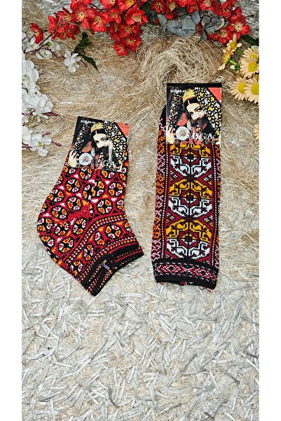 GA çorap iç giyim Gültürkmen 2 Adet Hakiki Kuzu yünü Kışlık Nakışlı Kadın Çor...