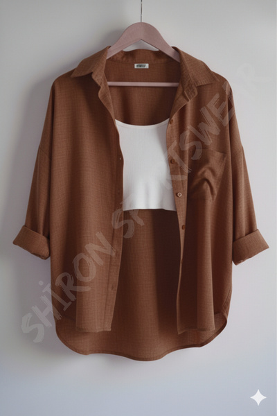 Shiron Sportswear&Company Lüx Kalite Kahve Kadın Düşük Omuz Oversize Keten Ce...