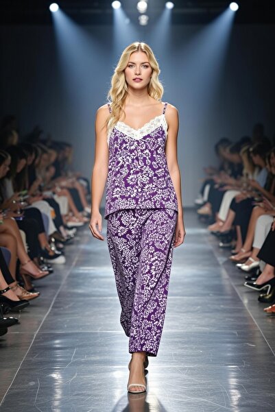 Aydoğan Women's Rope Strap Lace Detailed Striped Purple Pajama Set 250016