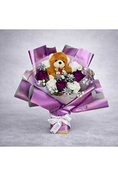 velve Buchet Love Purple , trandafiri de sapun, plante artizanale si ursulet,...