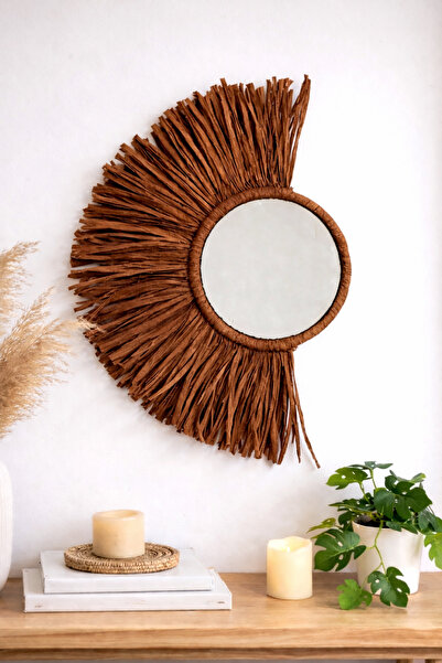 Bubihome Bohem Dekoratif Ayna Kahverengi Rafya Ayna