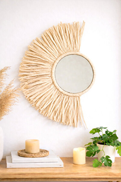 Bubihome Bohem Dekoratif Ayna Krem Rafya Ayna