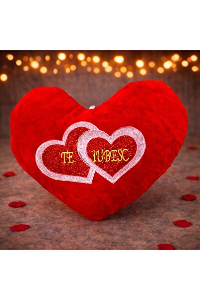 velve Decoratiune Perna Brodata in forma de inima si mesaj "Te iubesc", cu sc...