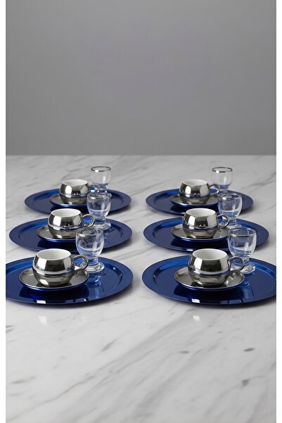 SİNİ Paslanmaz Çelik 6 Adet Yuvarlak Lüx Mavi Kahve, Çay Sunum Servis Tepsisi
