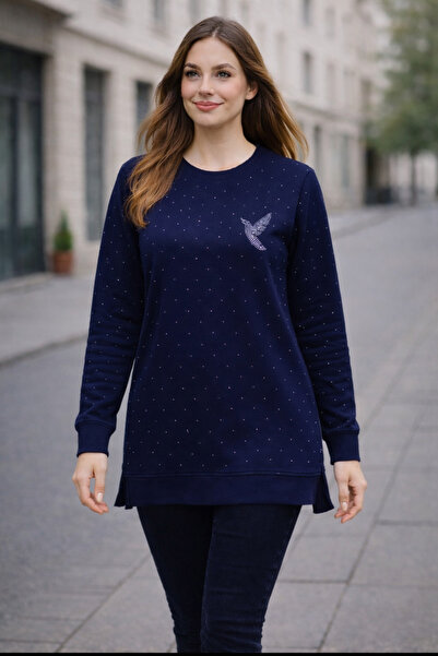 MİRA BUTİK Modal Kumaşi Lacivert Taş Detaylı Uzun Kolu Tunik Rahat Kesim Günl...