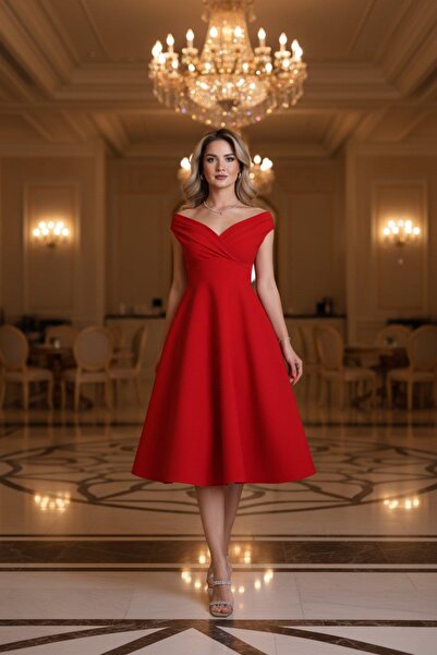 Mossta Off Shoulder Skirt Flounced Crepe Dress - Red