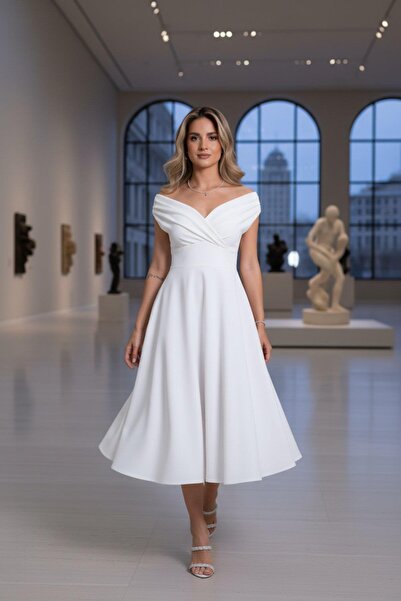 Mossta Φόρεμα κρεπ με φούστα off-shoulder - Λευκό