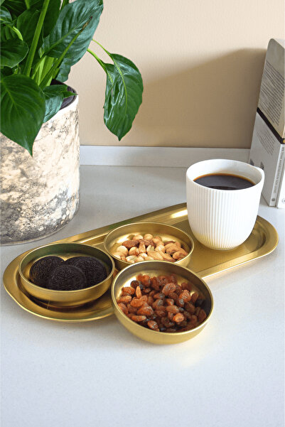 Sarkap Home 3'lü Çerezlik ve Sunumluk Tepsi Seti - Gold