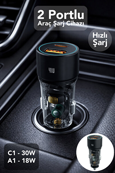 mimtec 48W 2 Portlu Araç Şarj Aleti - Type-C + USB Girişli Hızlı Şarj Araç İç...