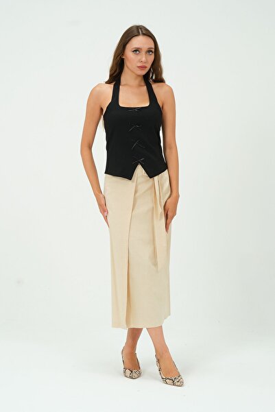 Bolivente تنورة نسائية طويلة متوسطة الطول من الكتان - تفاصيل ربطة الخصر