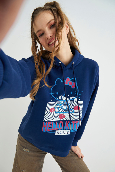 Hello Kitty Lisanslı Baskılı Kapüşonlu Lacivert Sweatshirt