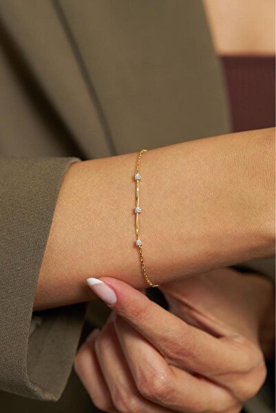 Roza Silver Zirkon Taşlı Gold Üç Taşlı Minimal Gümüş Bileklik