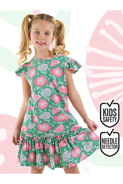 Denokids Green Ruffled Pink Floral Patterned Girl's Summer Dress
