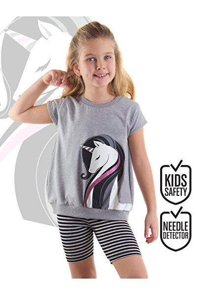 Denokids Unicorn Patterned Gray Black Striped Girl's Summer T-shirt and Leggi...