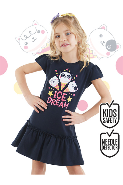 Denokids Girl's Cotton Summer Navy Blue Dress - Ice Cream Dream