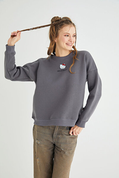 Hello Kitty Lisanslı Baskılı Kalın Oversize Fit Gri Sweatshirt