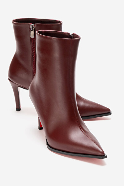 Ayakkabı Ateşi Women's Burgundy Leather Ankle Length Short Thin Heeled Boots ...