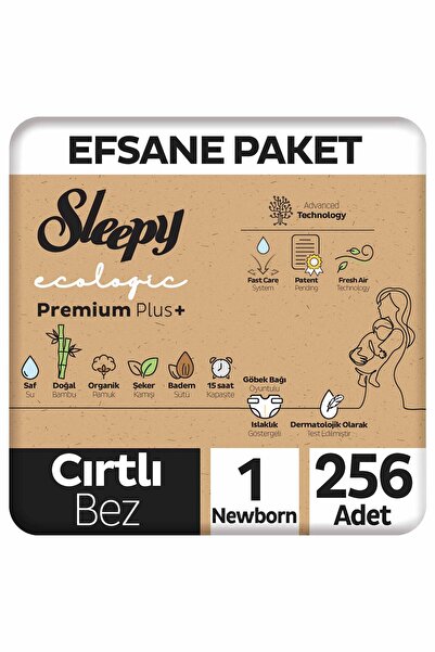 Sleepy Ecologic Premium Plus Efsane Paket Bebek Bezi 1 Numara Yenidoğan 256 Adet