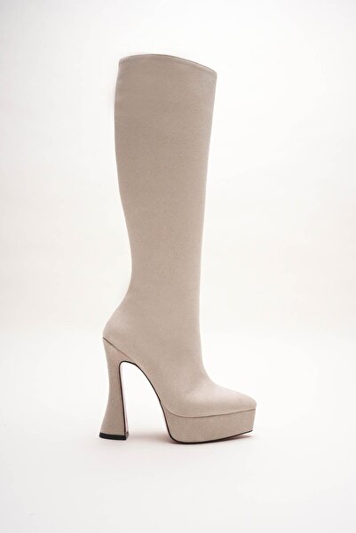 Ayakkabı Ateşi Cizme de damă cu platformă din piele de vacă bej, pantofi cu t...