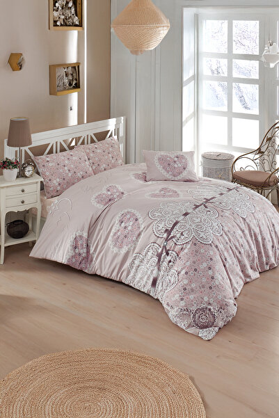 DEMOTEKS Double bed linen set, pink cotton ranforce duvet cover - fitted shee...