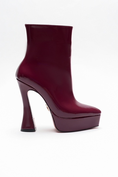 Ayakkabı Ateşi Burgundy Patent Leather Platform Design Women's Boots Mid-Heel...