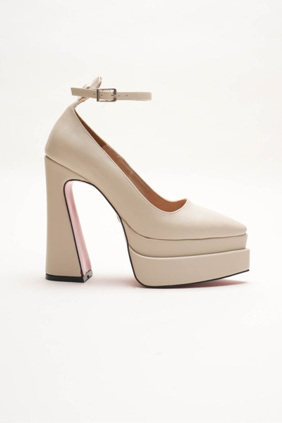 Ayakkabı Ateşi Pantofi de damă cu platformă dublă din piele bej cu design spe...