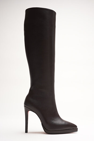 Ayakkabı Ateşi Kadın Diz Altı Kısa Platform Topuklu Çizme Amazen Kahverengi Cilt